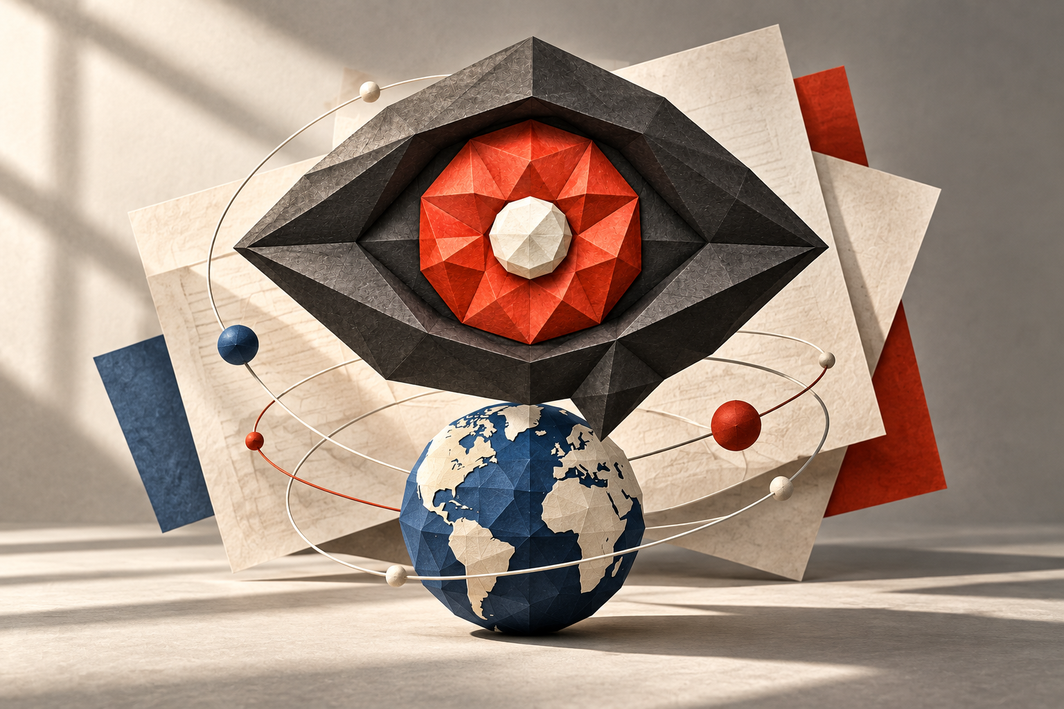 A sculptural red and charcoal ICU eye suspended above a blue paper globe.