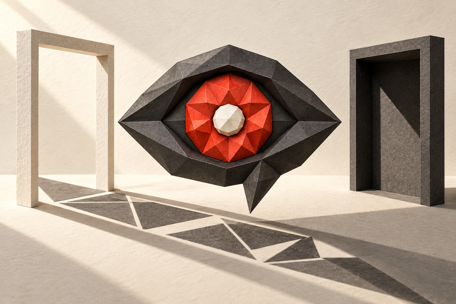 The faceted red ICU eye floats between open and enclosed paper frames over geometric shadows.