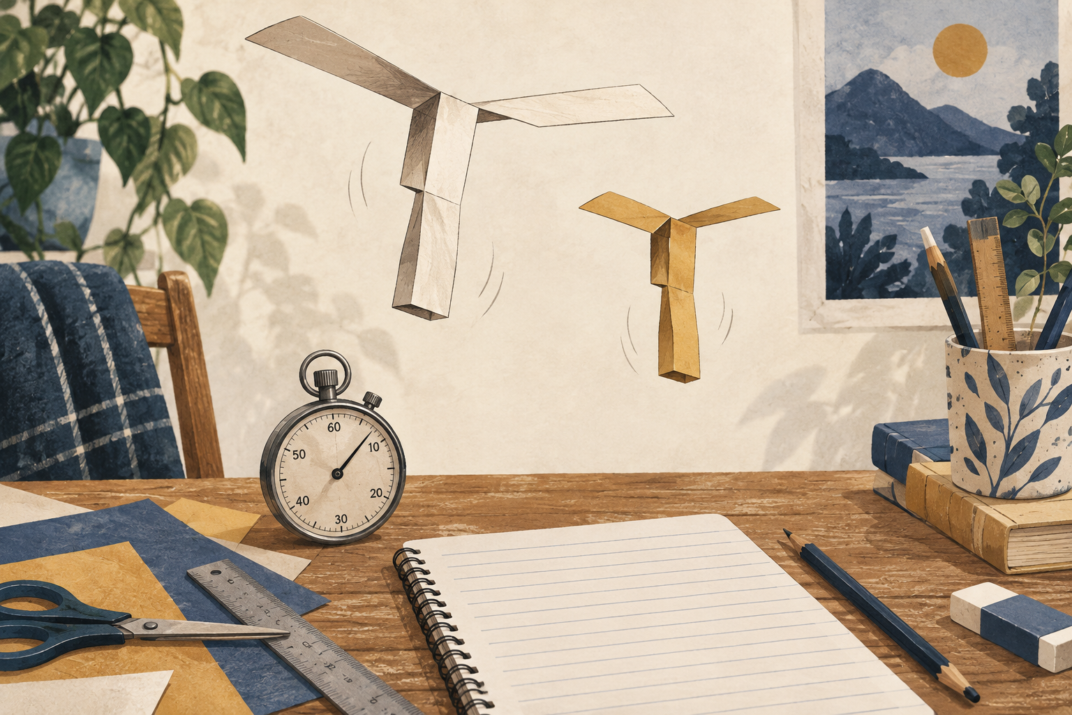 Two paper helicopters, a stopwatch and an observation notebook introduce a proposed fair-comparison activity.