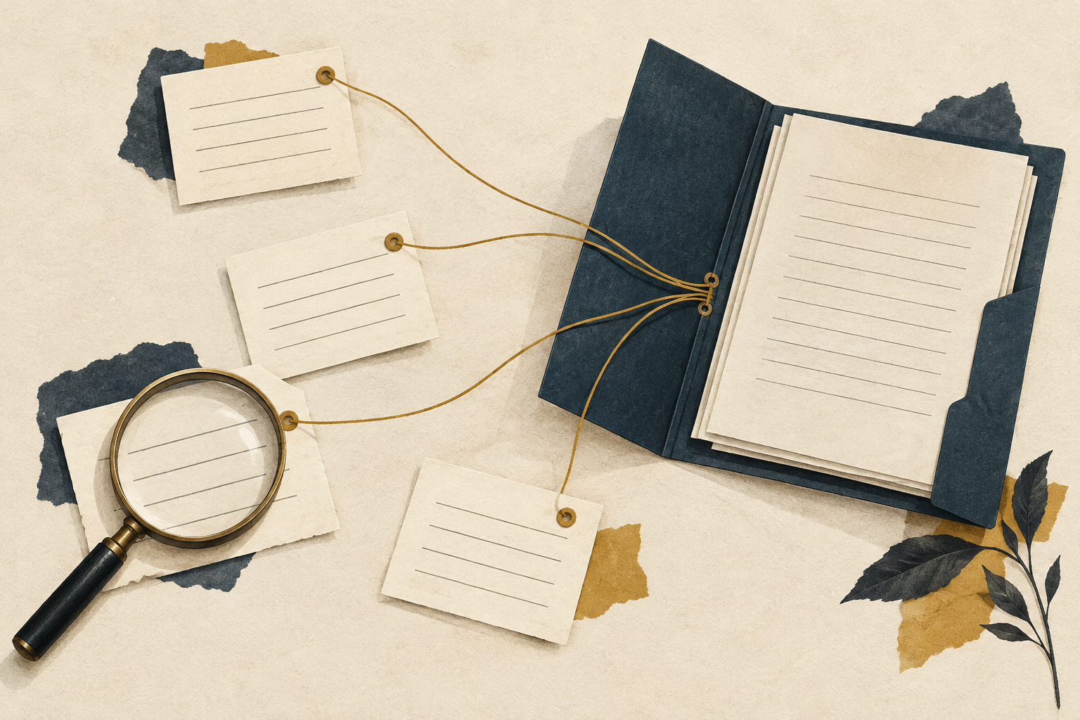 Source cards linked by ochre threads to an open navy report folder, with a magnifying glass over one card.