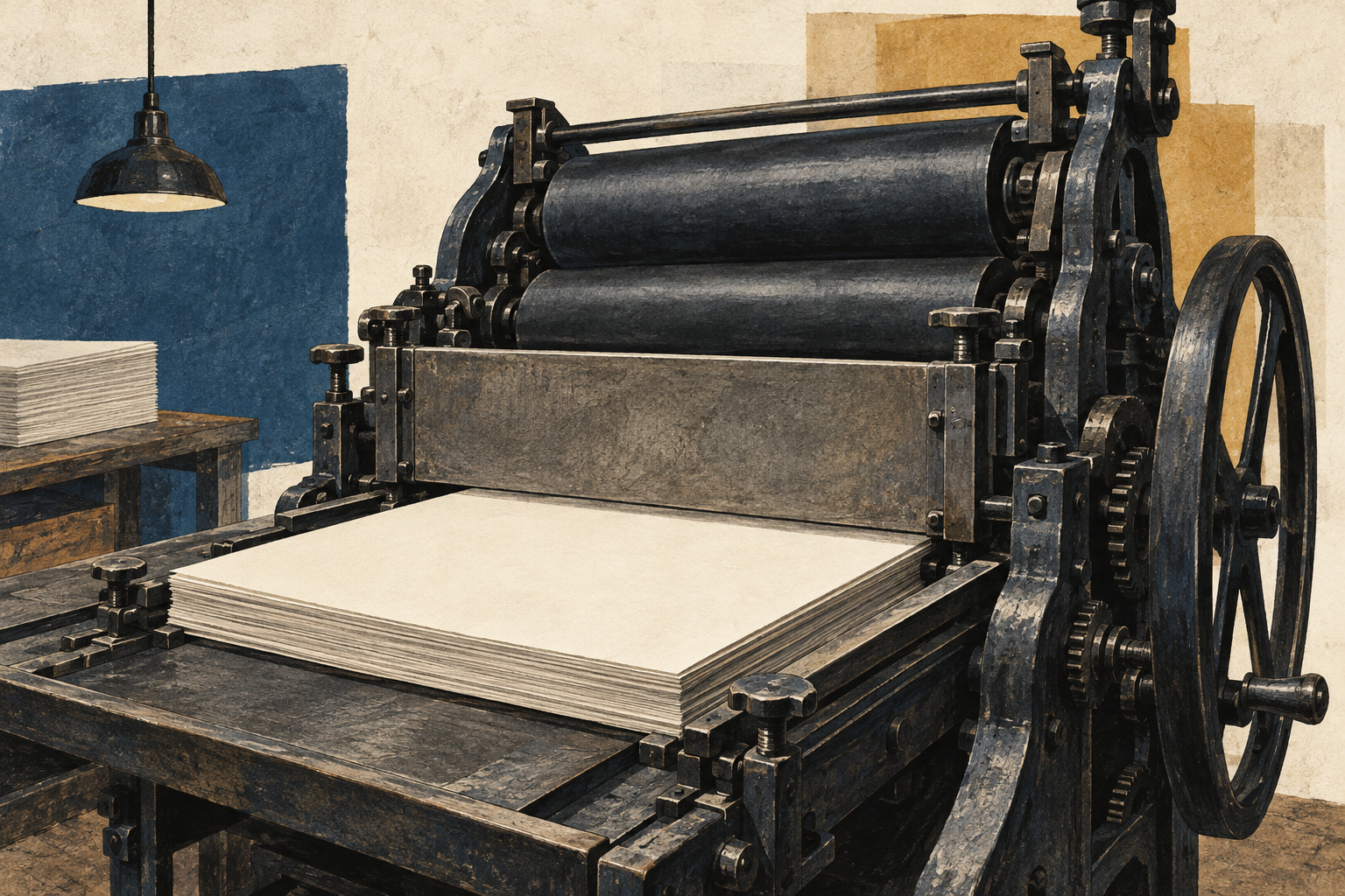 An anonymous printing press holds a stack of blank paper beneath its rollers.