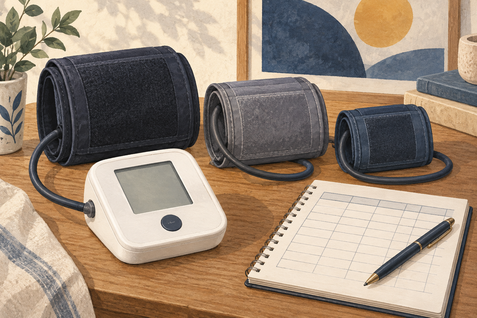 Different cuff sizes and a blank monitor emphasize how measurement conditions affect interpretation.