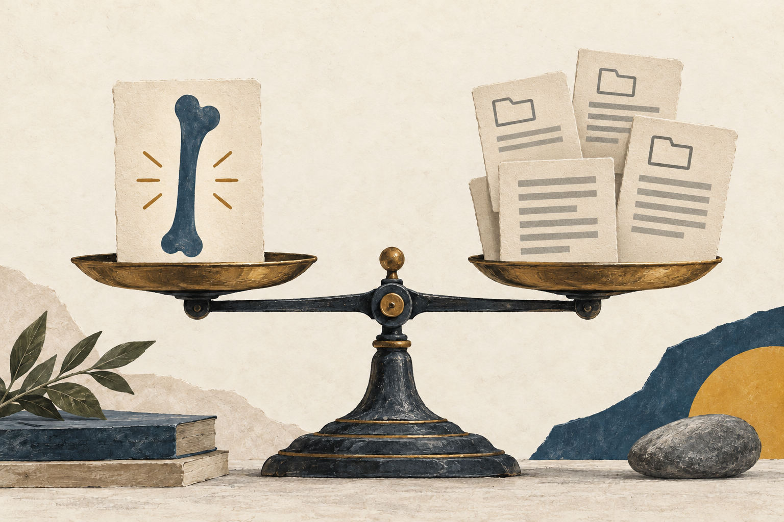 A bone silhouette card and abstract report cards sit on opposite pans of a balance.