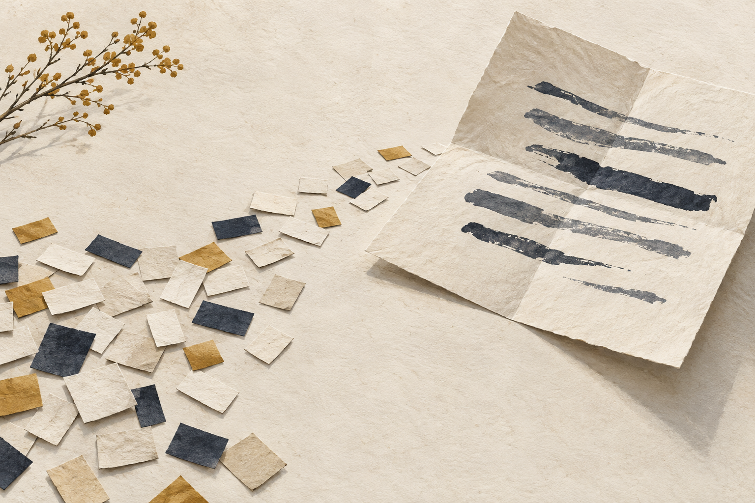 Small blank ivory, navy and ochre paper tiles lie beside a folded sheet bearing abstract ink strokes.