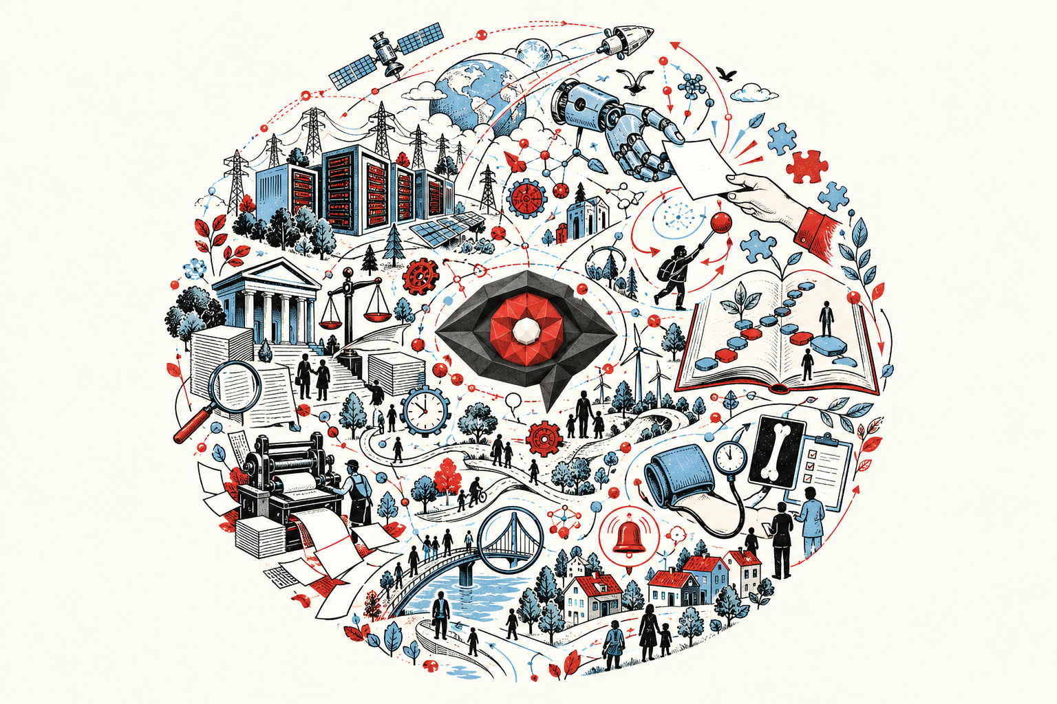 A circular red, blue and black ink collage connects AI infrastructure, orbital craft, learning, civic records, health measurement, a bridge and community warning systems around the ICU eye.