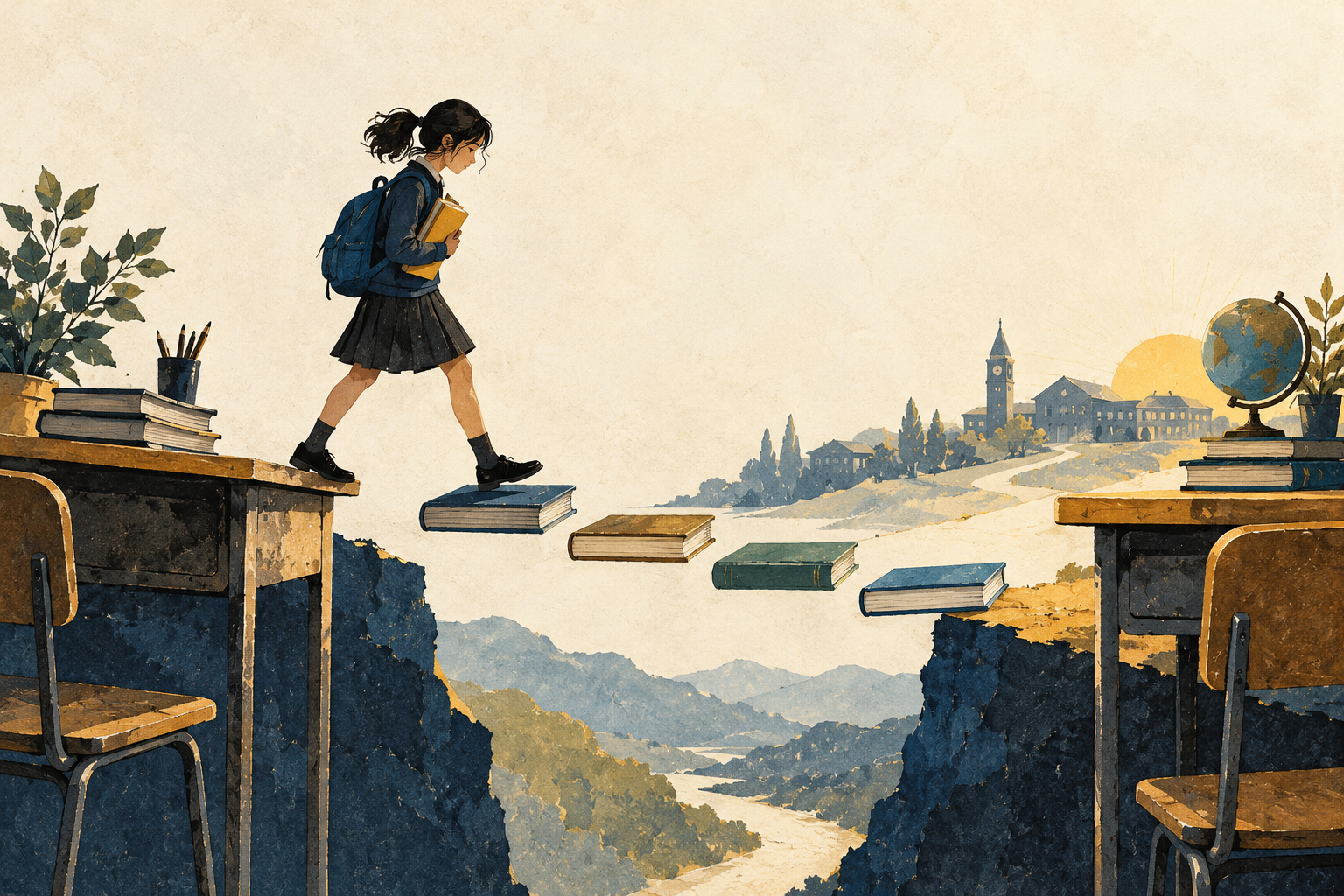 An illustrated student crosses a discontinuous path of books between two desks.