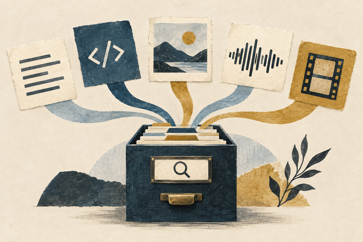Text, code, image, sound and video cards converge into a shared search concept.