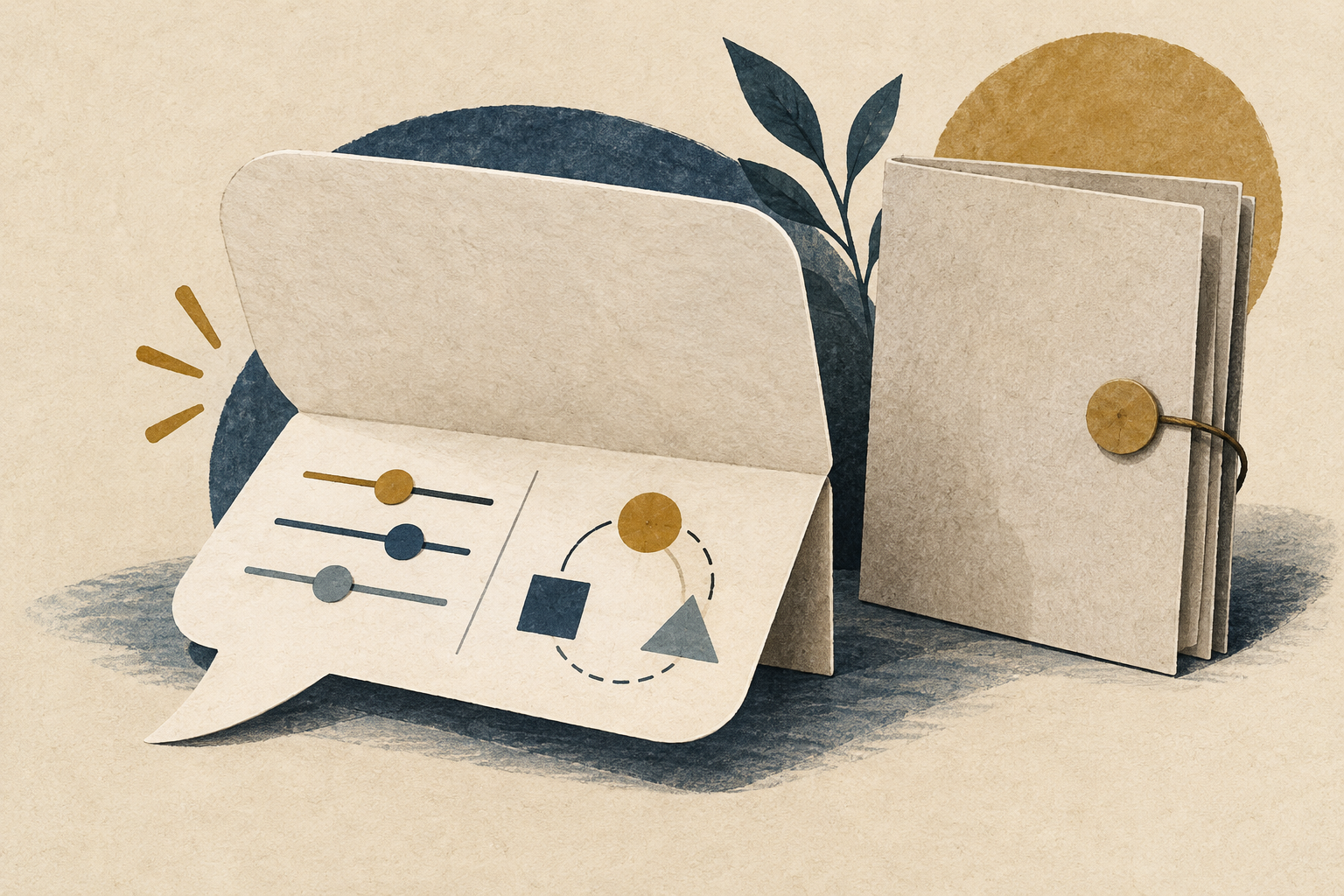A paper conversation unfolds into a diagram and slider beside a closed folio.