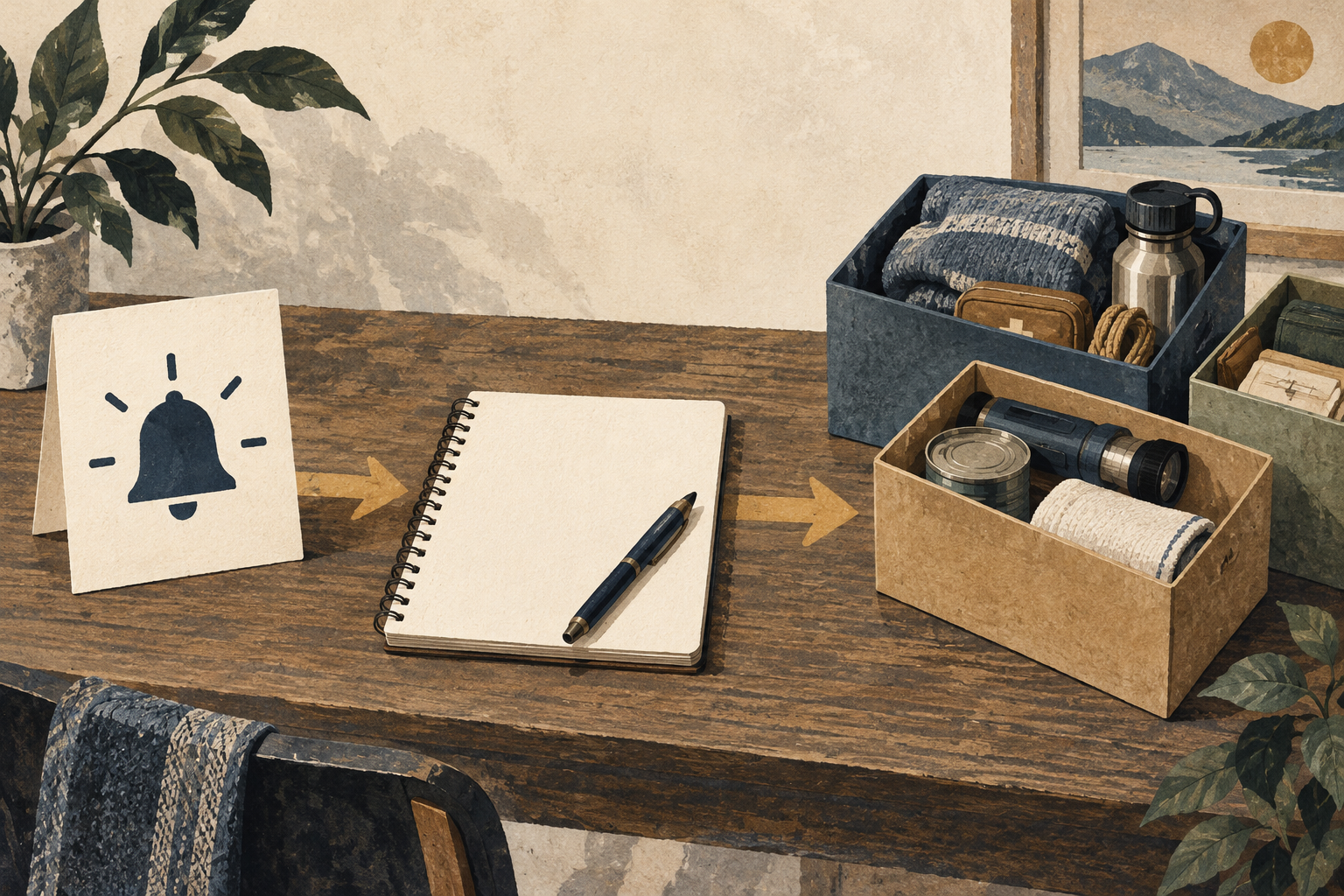 A warning card, notebook and stocked boxes form a preparedness sequence.