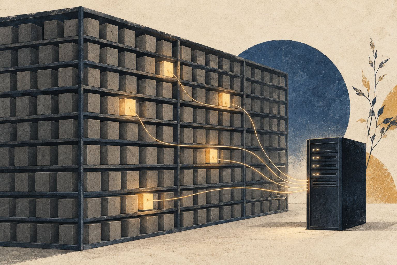Selected cubes light up within a larger stored structure, separating active computation from memory requirements.