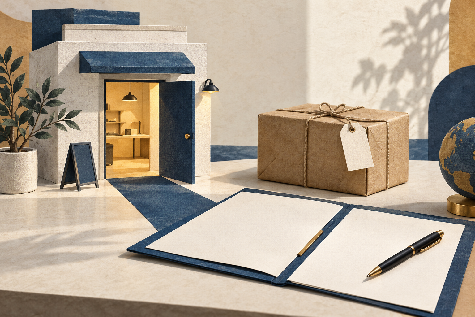An open doorway, sealed parcel and terms folder distinguish current preview access from promised weights.