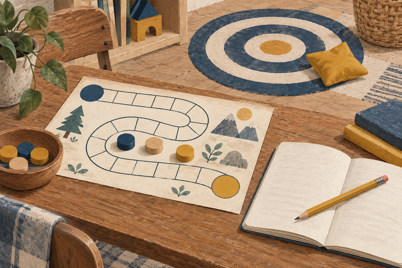 Tabletop play, a beanbag target and a lesson notebook connect specific skills with schoolwork.