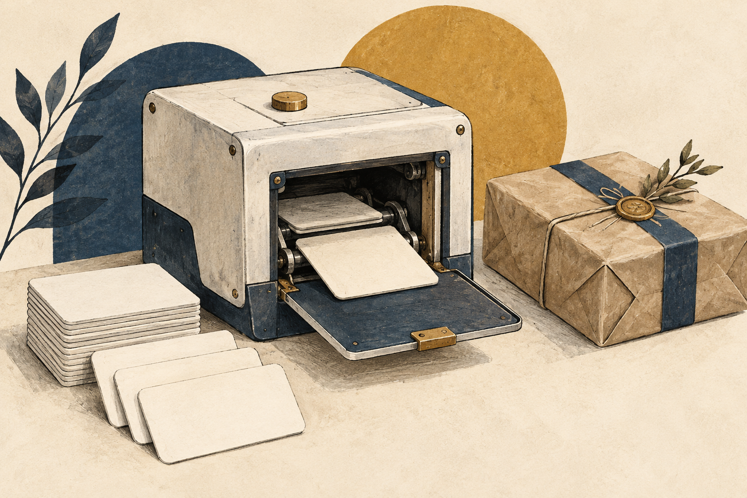 An open paper processing machine sits beside a sealed parcel.