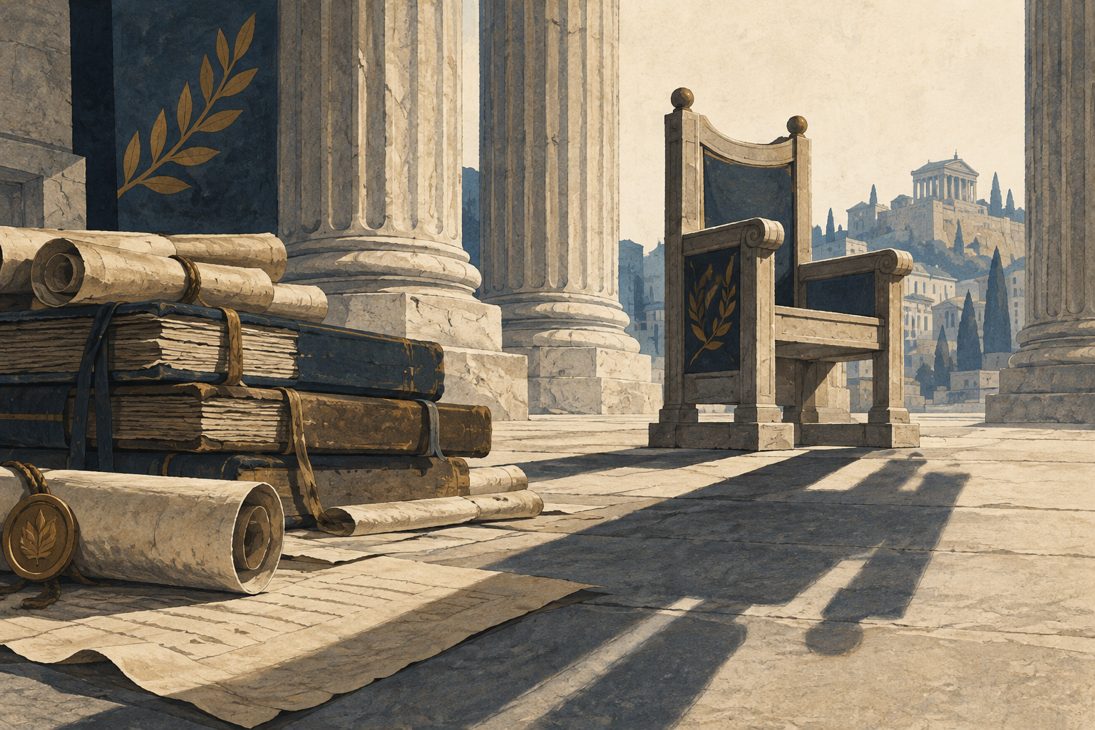 Ancient-inspired civic architecture and public records frame questions about concentrated power and accountability.