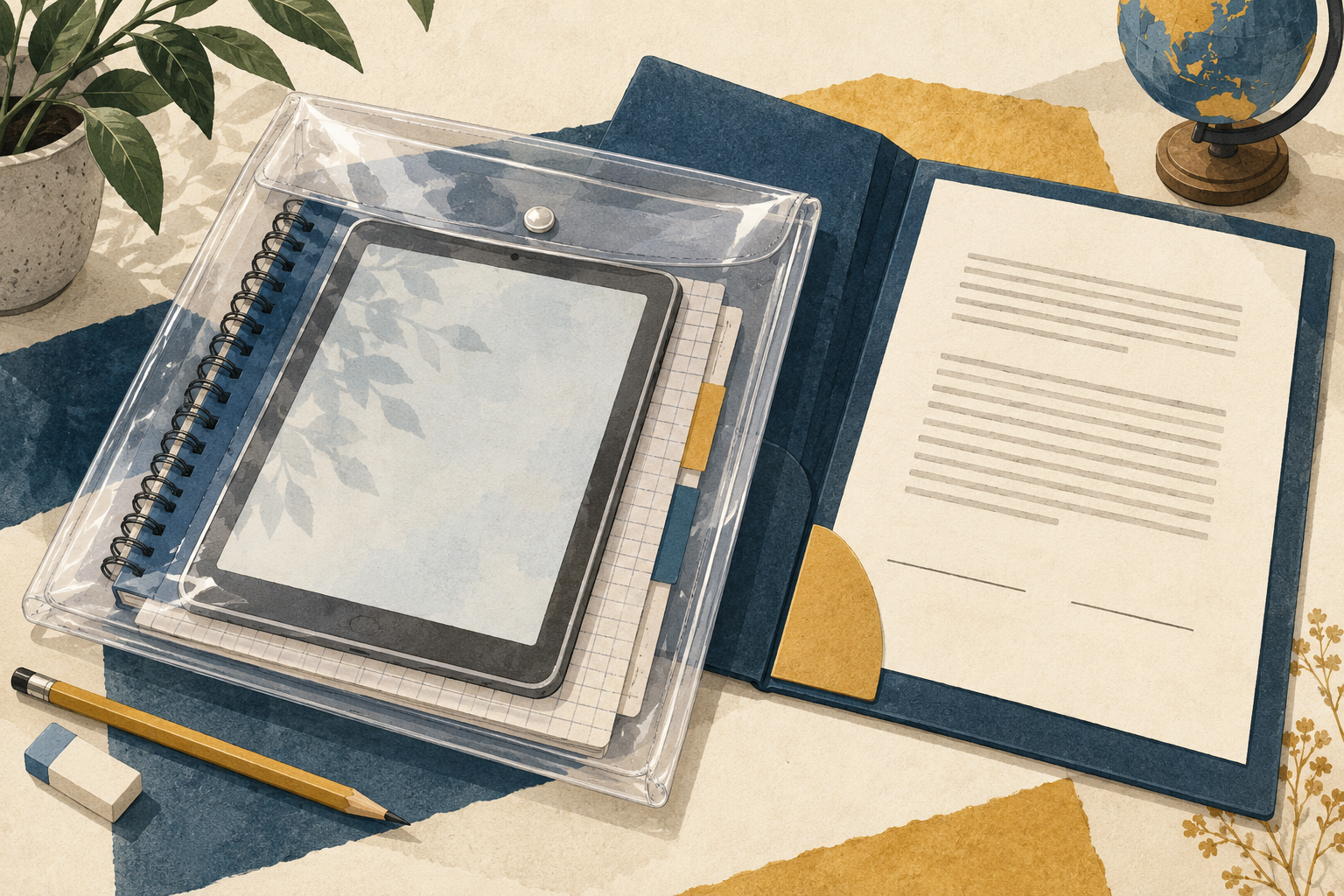 A notebook, tablet and contract folder distinguish classroom data from promises about its protection.