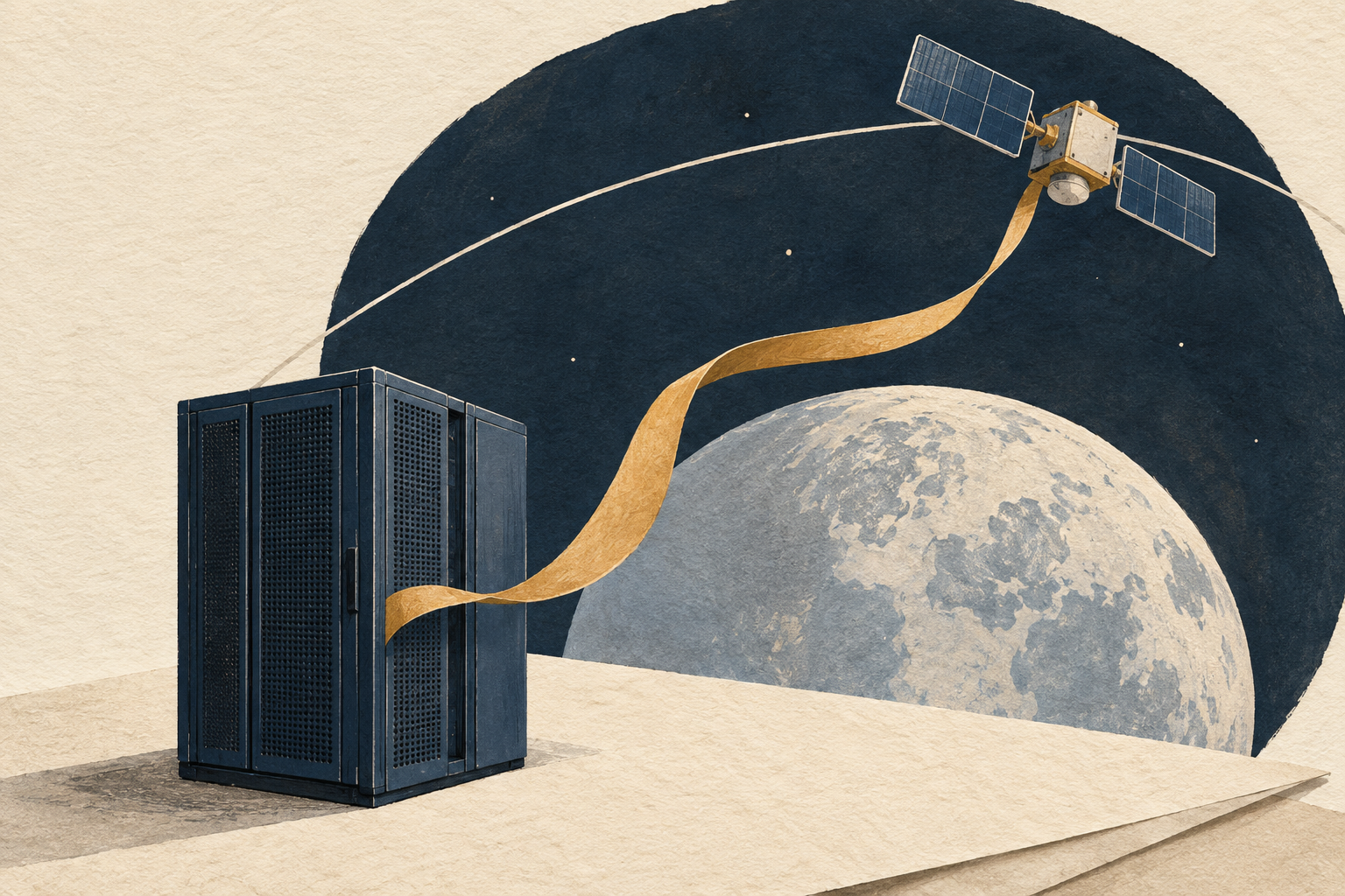 A ground server cabinet and a generic proposed satellite are linked by a paper ribbon above a stylized Earth.