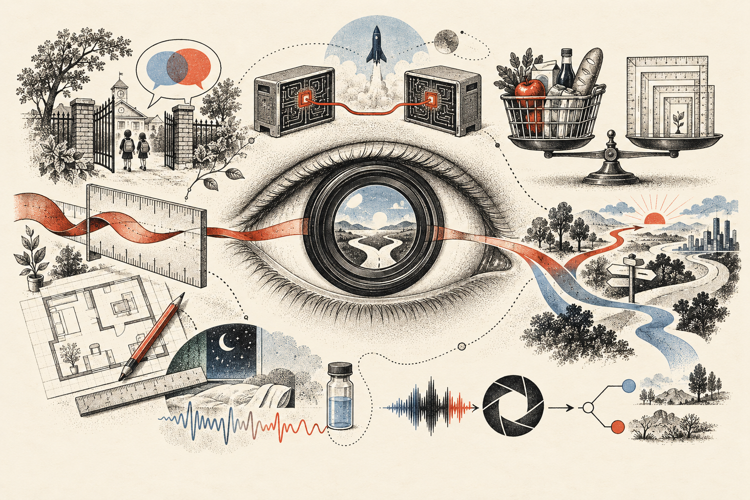 An original symbolic ink collage of an eye, measuring tools, school gate, rocket, health symbols and decision paths in red, pale blue and black.