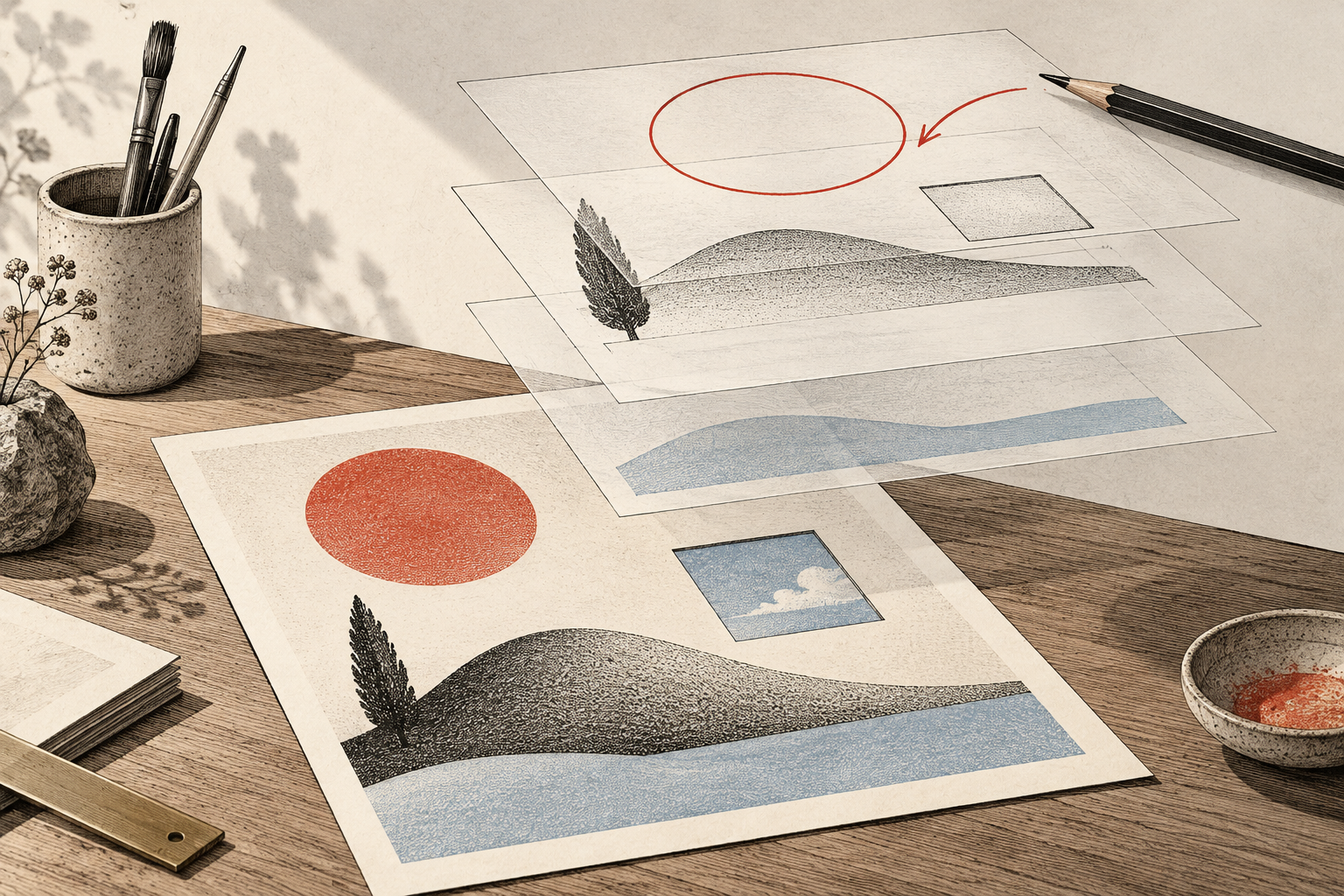 Floating layers of a geometric poster with a red circular correction mark.