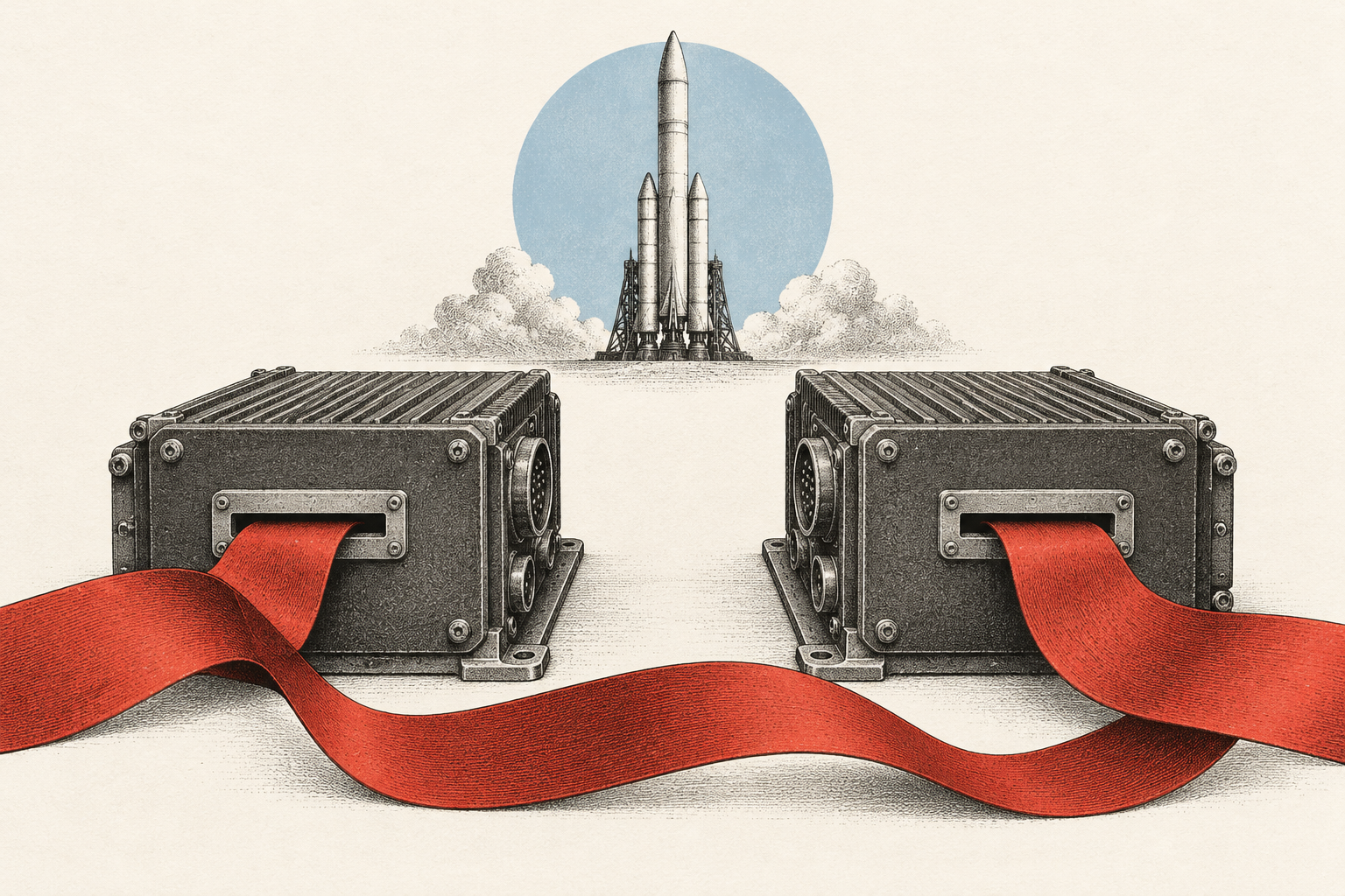 Two matching computer boxes connected by a red ribbon below a symbolic rocket.