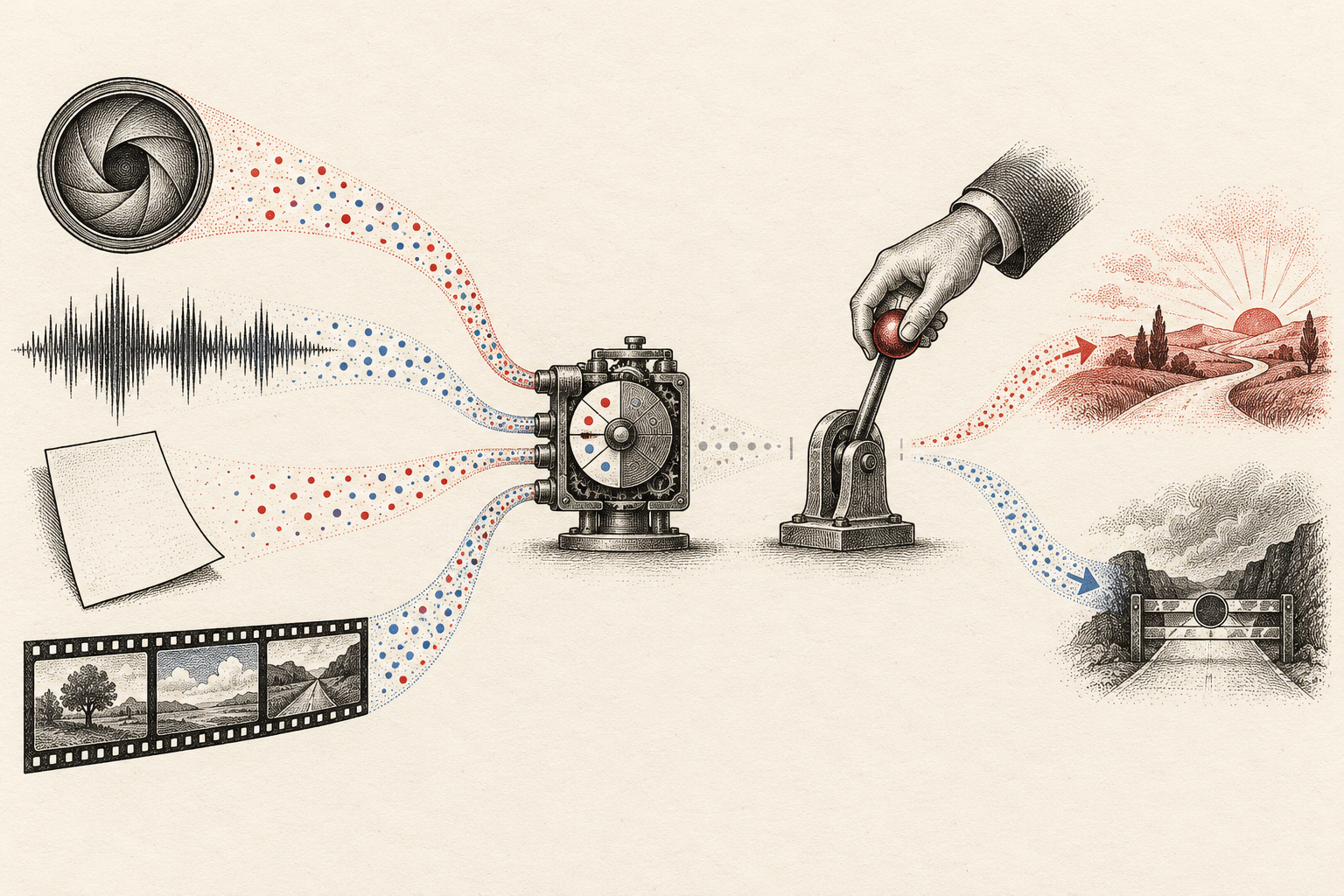 Image, audio, page and film symbols feed a selector beside a separate hand-operated lever.