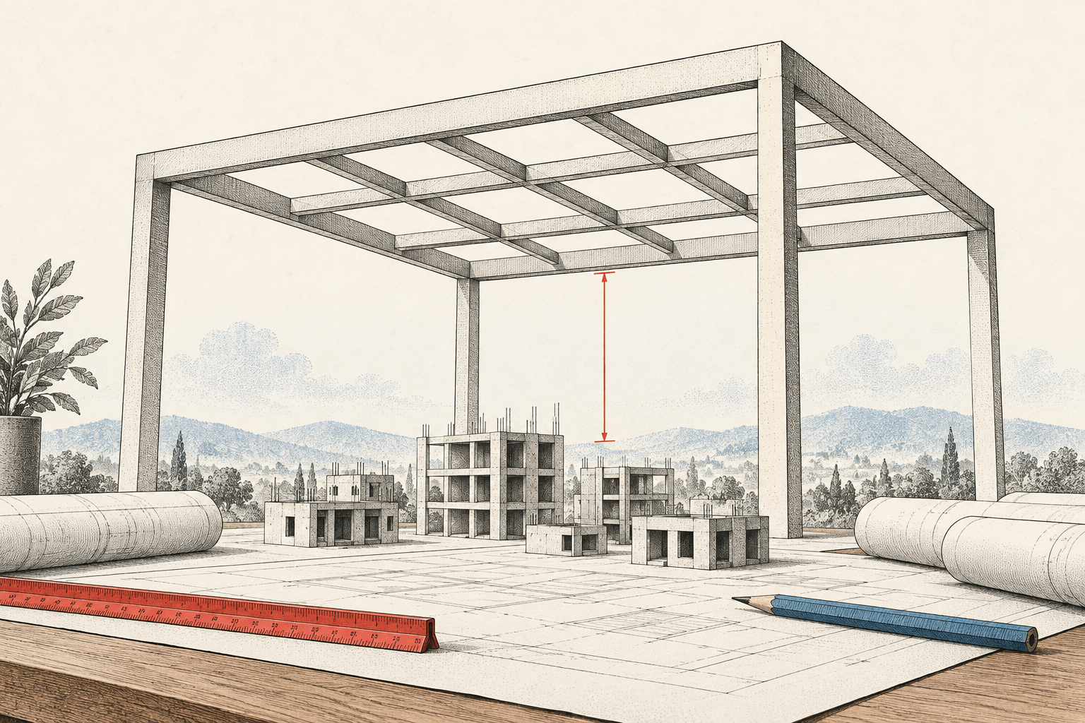 A broad open architectural frame stands above small model buildings and rolled plans.