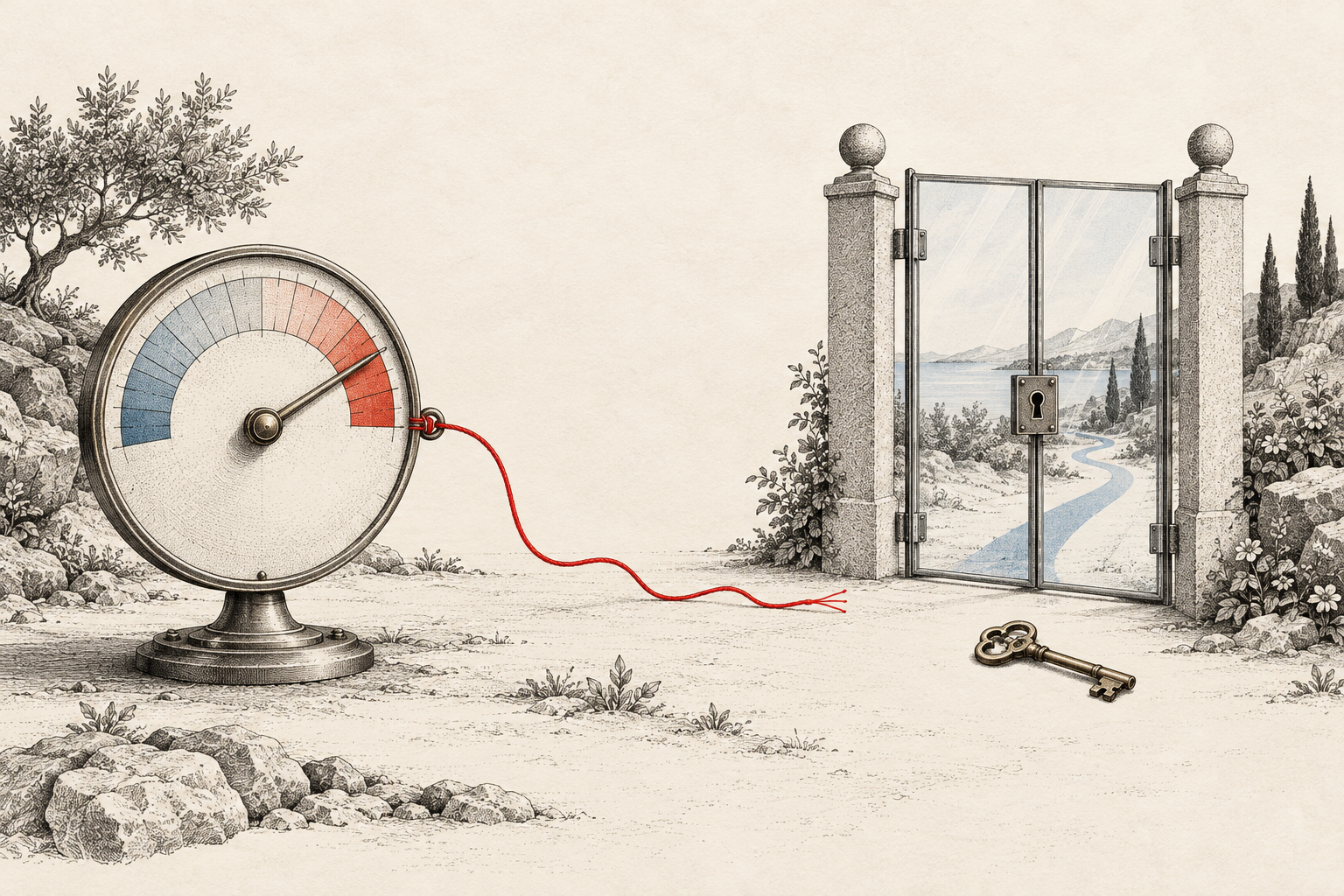 An unnumbered dial and a red thread stop before a locked transparent gate with a separate key.