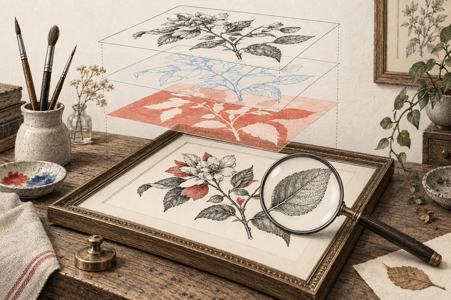 Layered botanical drawings and a magnified leaf suspended above a paper surface.