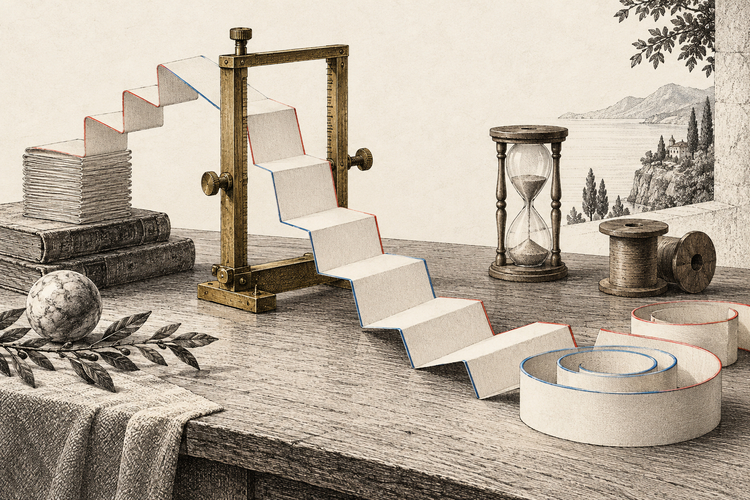 A long folded sheet of blank paper passes through a measuring frame beside an hourglass.