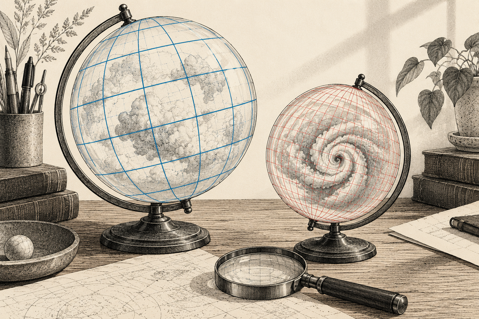 Two tabletop globes show a coarse blue grid and a finer red grid with stylized storm patterns.