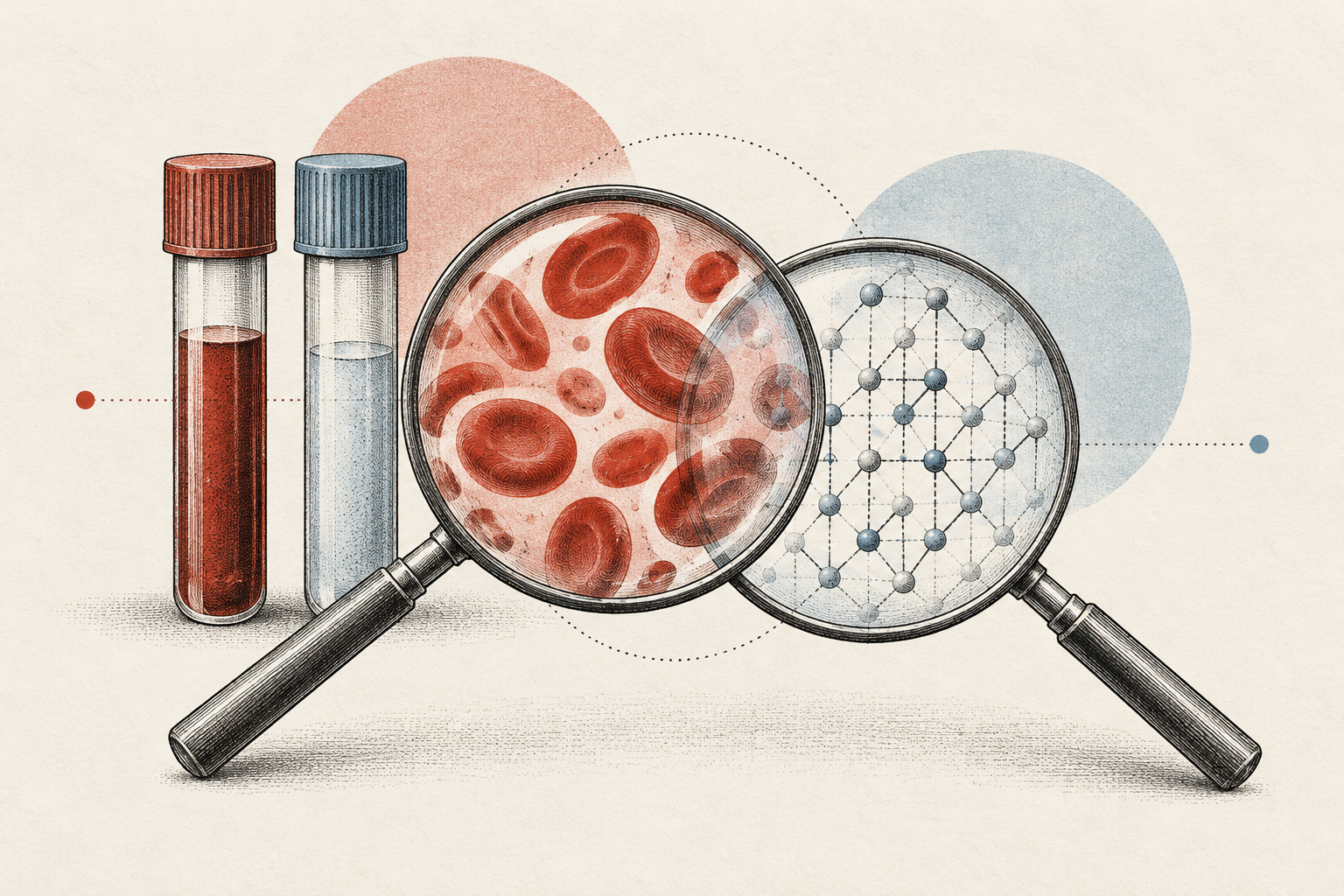 Two sample tubes and magnifying lenses show red disks and an abstract dot lattice.