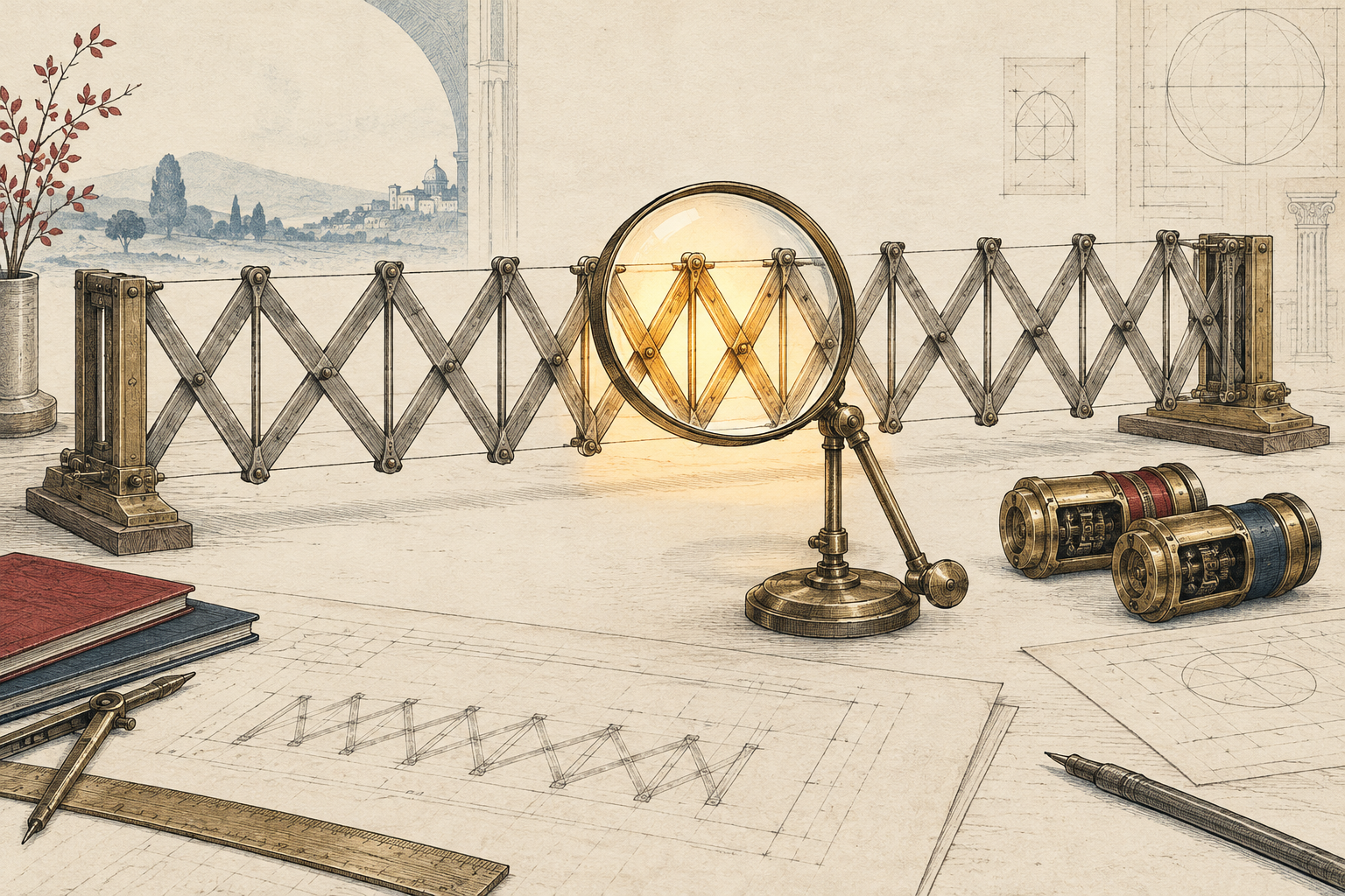 A magnifying glass lights a small section of an expandable measuring frame beside two interchangeable mechanical cartridges.