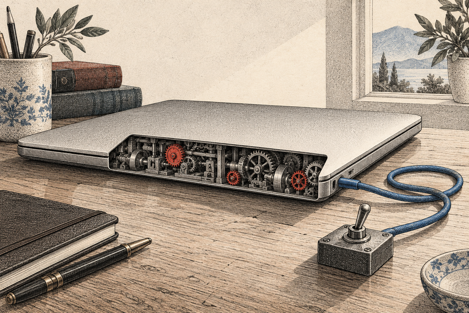 An unbranded laptop with a cutaway of small gears, selected red gears and a separate switch.