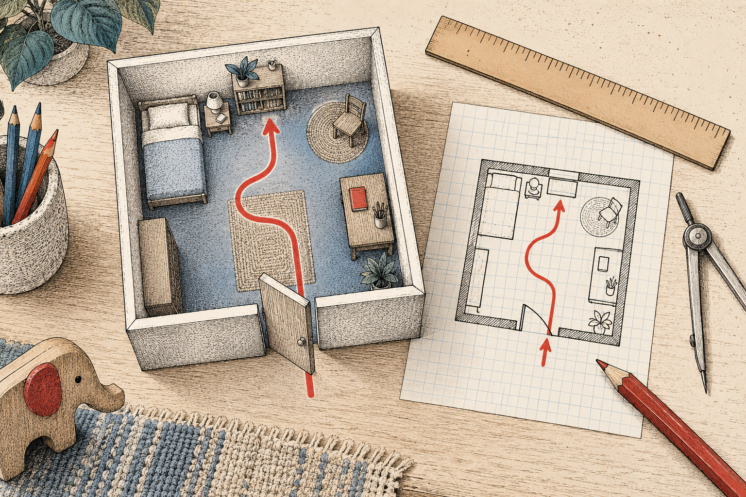 A small room model beside its paper plan, a ruler and a red route.