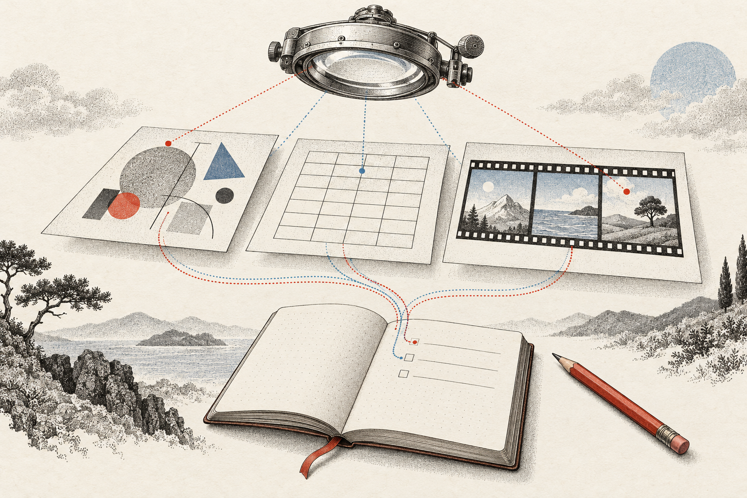A hovering lens examines a geometric diagram, table and strip of film above an open notebook.