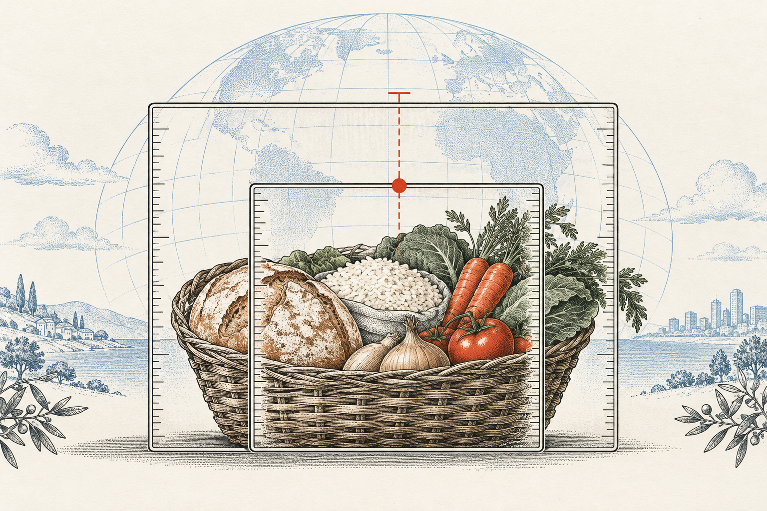 One basket of staple foods seen through two differently sized measuring frames.