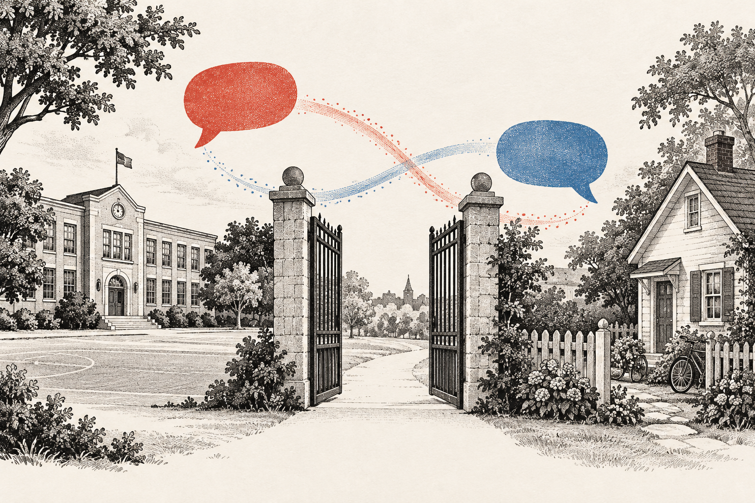 An open school gate between a school and a home, with red and blue speech bubbles crossing the boundary.