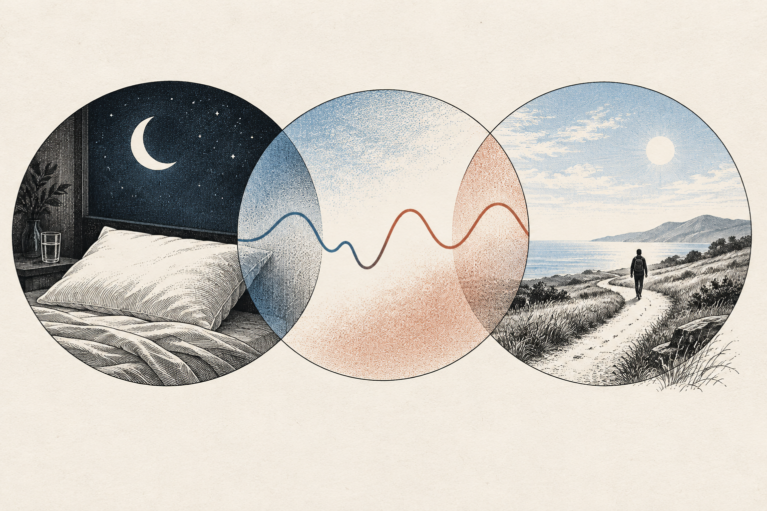 Three overlapping circles hold a pillow at night, an abstract rhythm and a daylight walking scene.