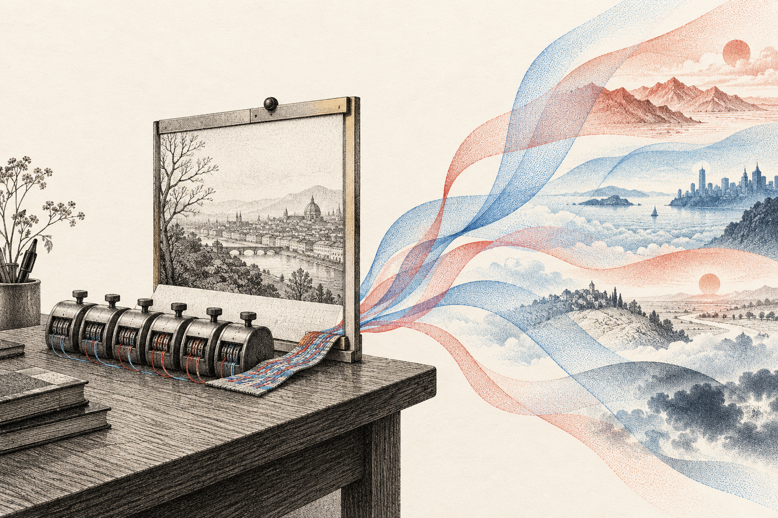 Small counters and woven past patterns spread into a fan of possible imagined landscapes.