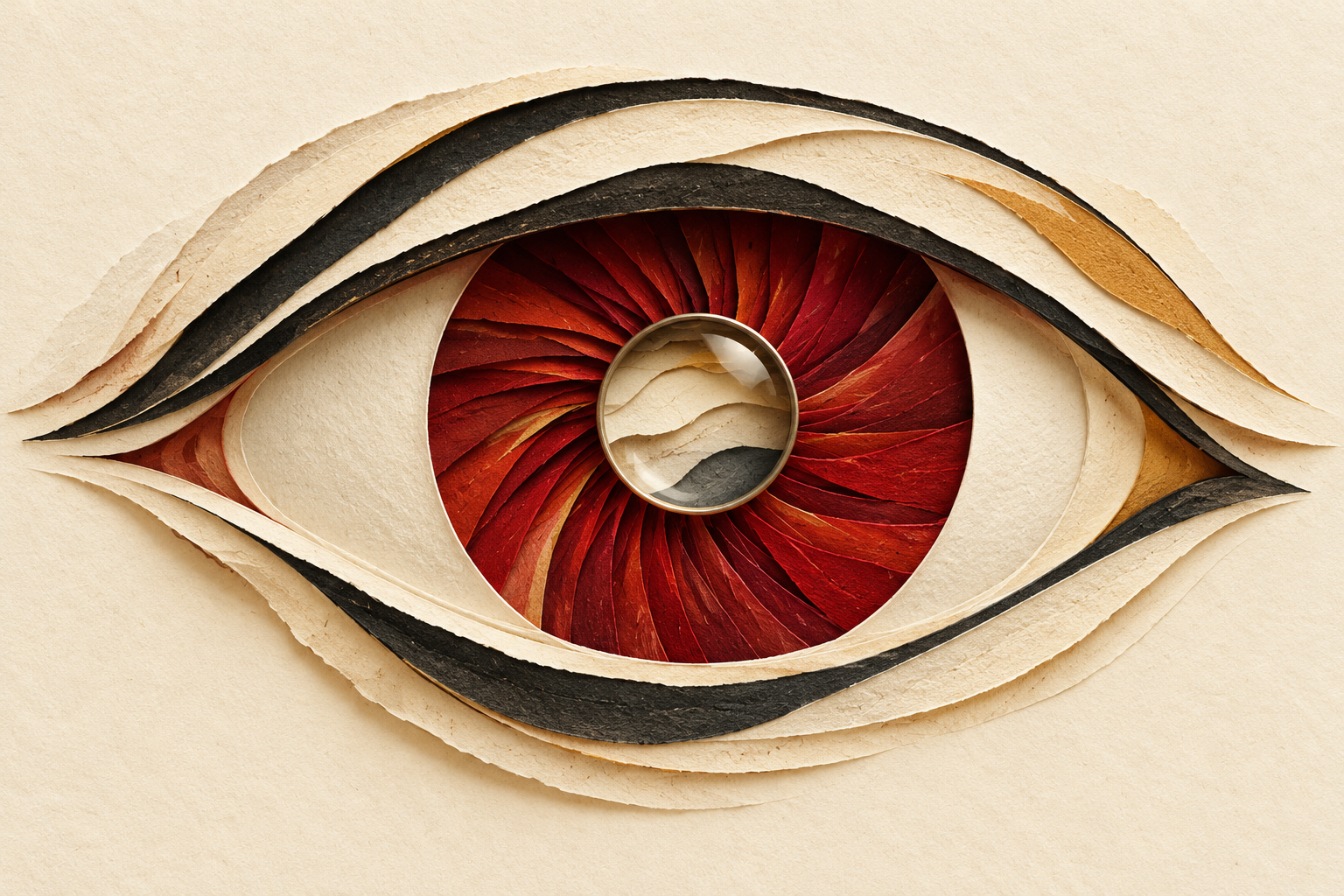 A large red and charcoal eye made from layered cream paper, with a small glass lens revealing another paper layer at its center.