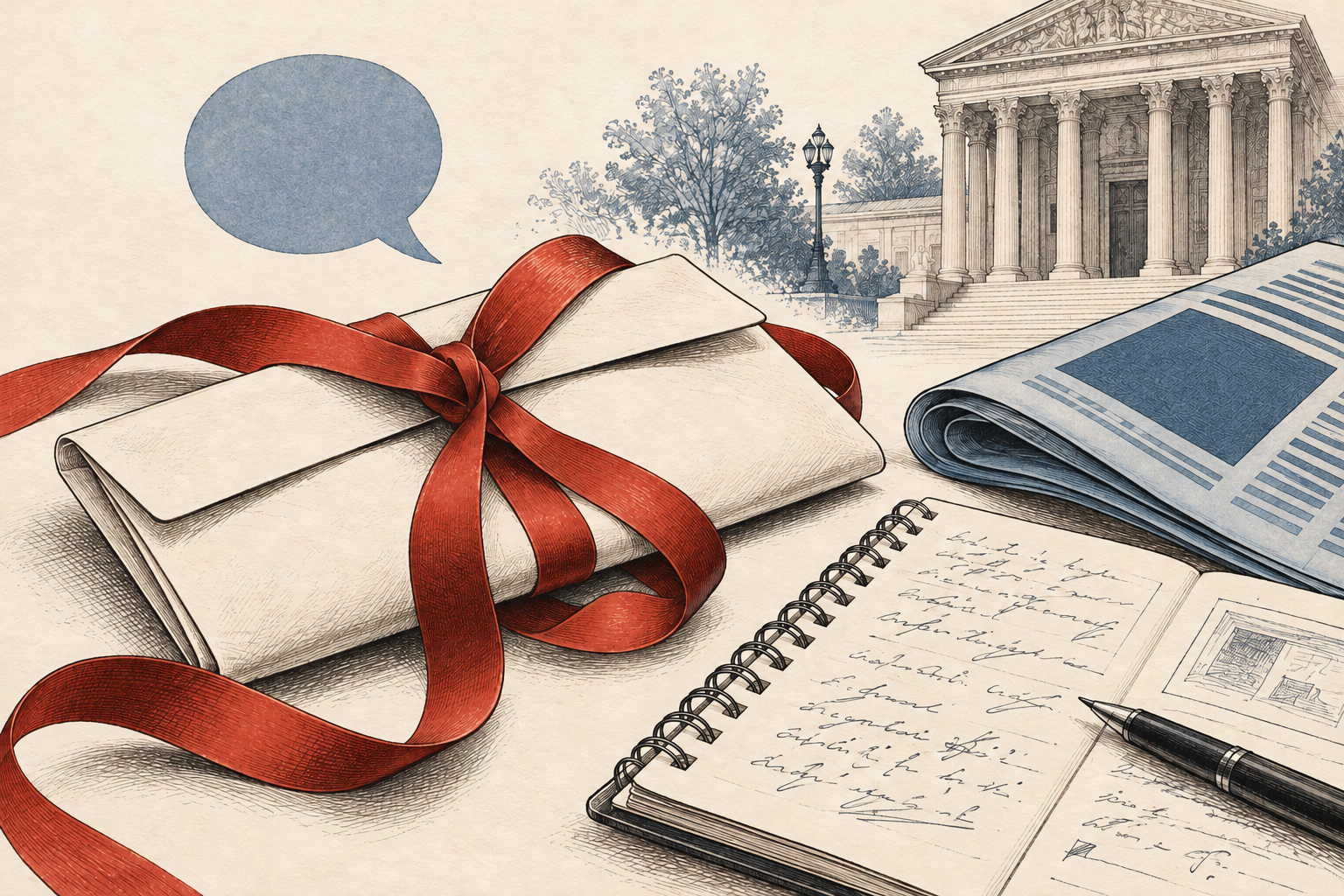 A letter tied with red ribbon sits beside a notebook and blue newspaper, with an empty speech bubble and a courthouse in the background.