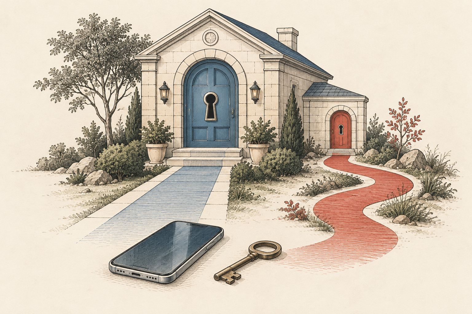 A blue main entrance and a red side entrance lead into the same house-like safe, with a smartphone and backup key in front.