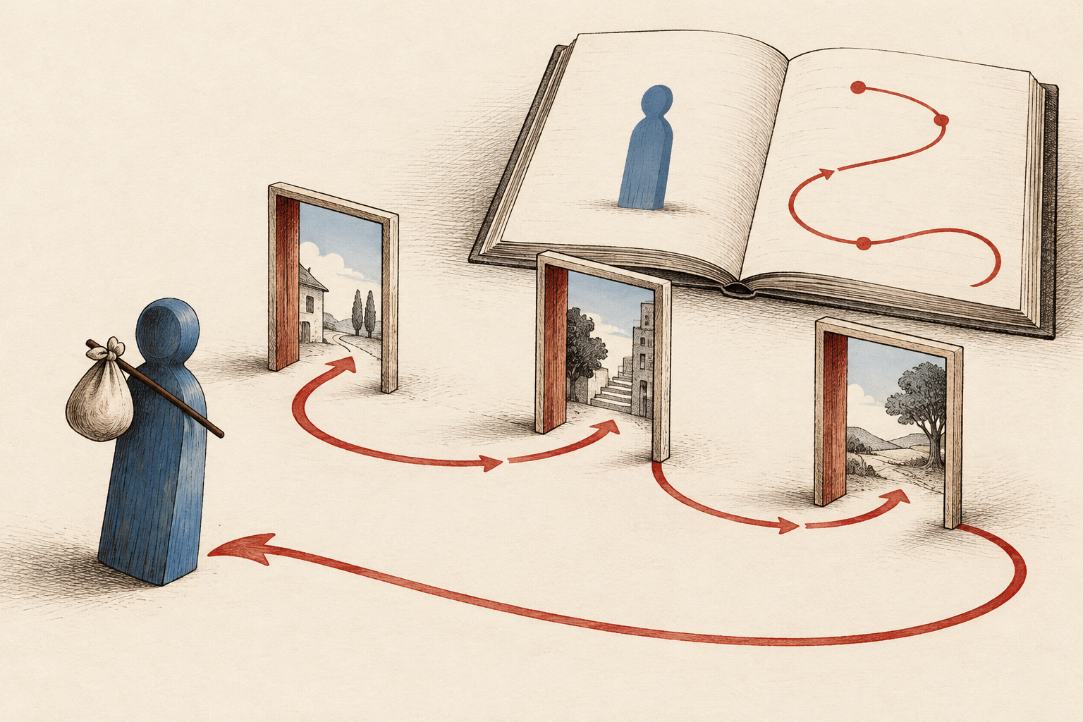 One blue wooden person token stands beside a red looping route through three doorway frames; an open book contrasts a person symbol with a path.