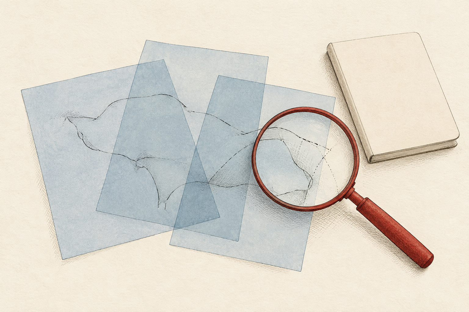 Three translucent blue sheets overlap an incomplete abstract contour beside a red magnifying glass and a closed blank notebook.