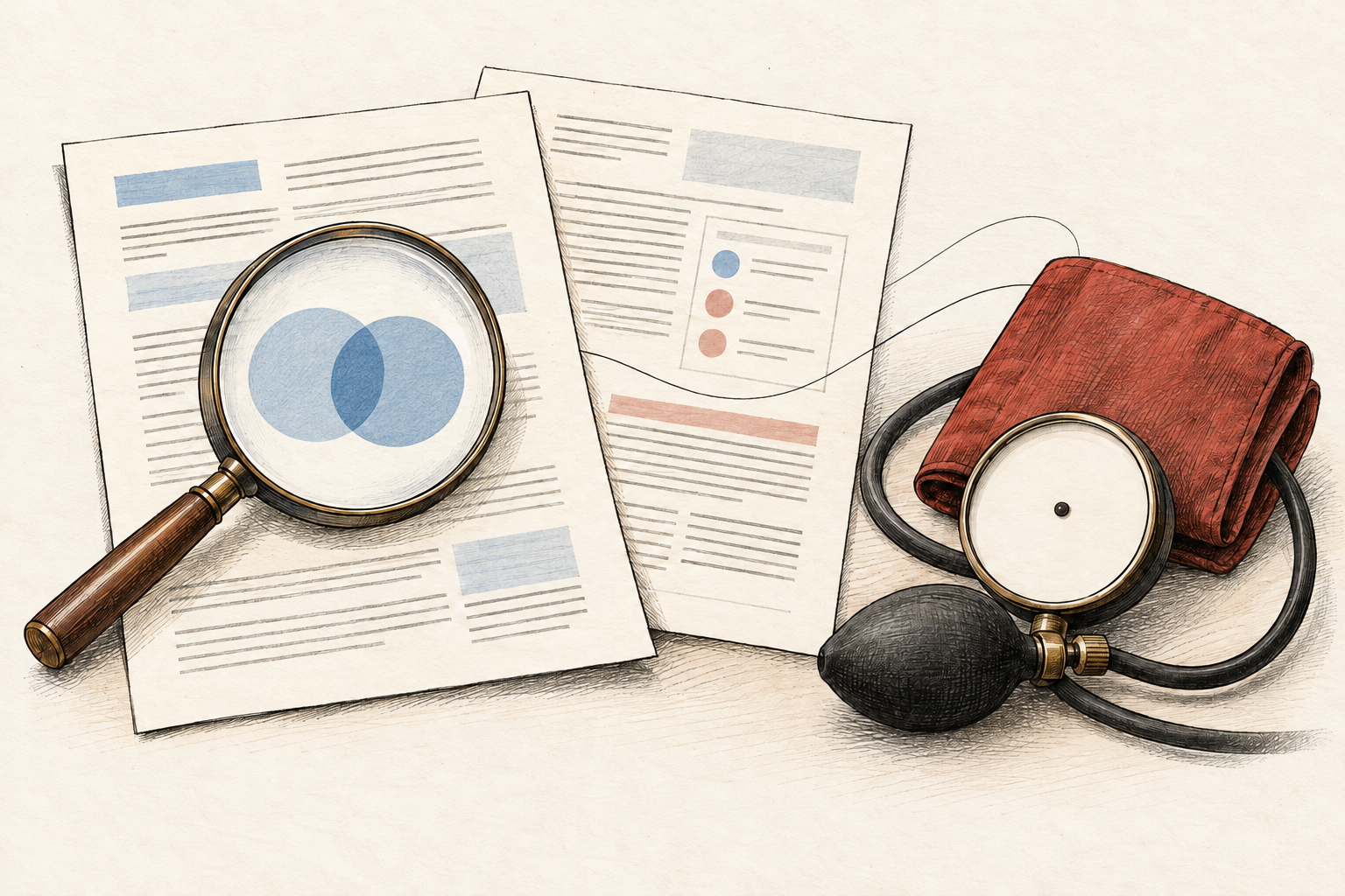 A magnifying glass shows two plain overlapping blue circles on research papers beside a red blood-pressure cuff with a blank gauge.