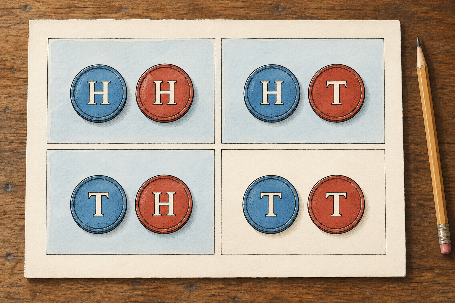 Four boxes show a blue coin followed by a red coin: HH, HT, TH and TT. The first three boxes are shaded; TT is not.