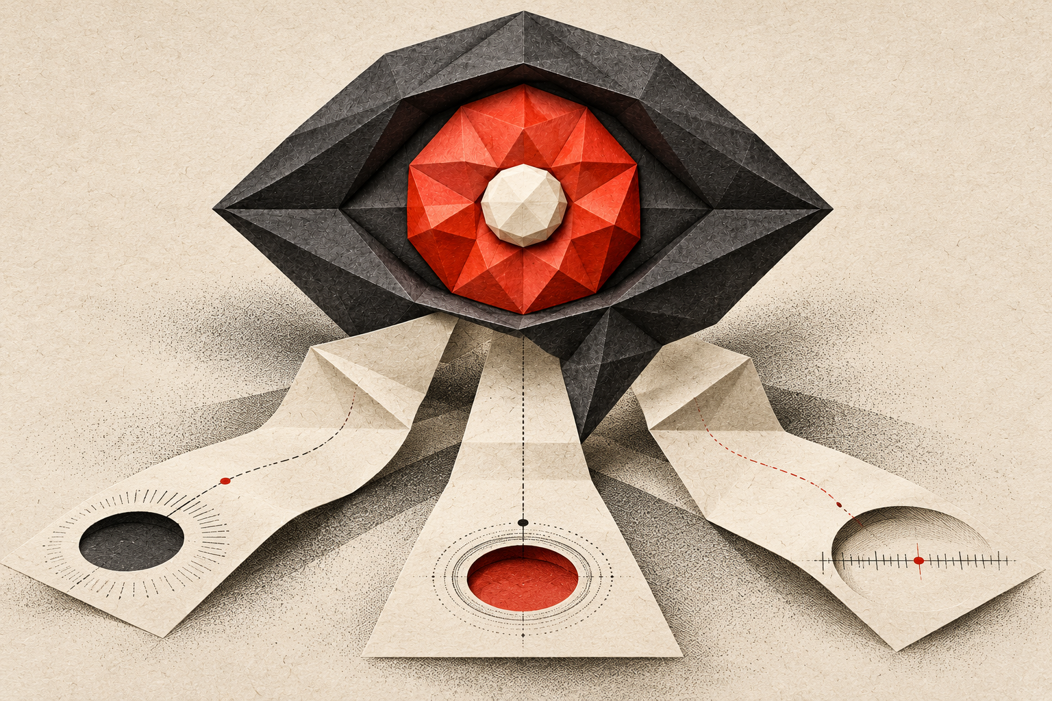 A sculptural charcoal ICU eye with a vermilion iris above three folded cream-paper paths, conceptual illustration of interpreting a signal.